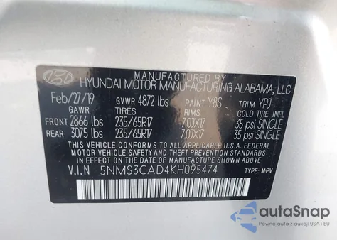 2019 Hyundai Santa Fe Sel z USA, uszkodzony, nr VIN 5NMS3CAD4KH095474